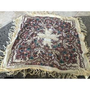 VTG Pavlov Posad Wool Shawl with Fringe Russian Shawl NWT Folklore Tradition C4